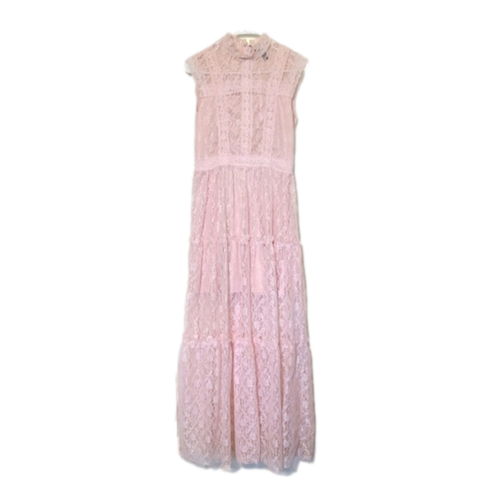 AQUA Tiered Lace Layered Sheer Blush Pink Maxi Dress